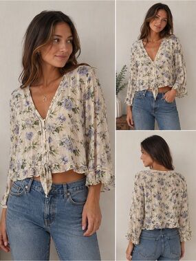 American Eagle Floral Tie Front Blouse – Women’s XL Boho Cottagecore